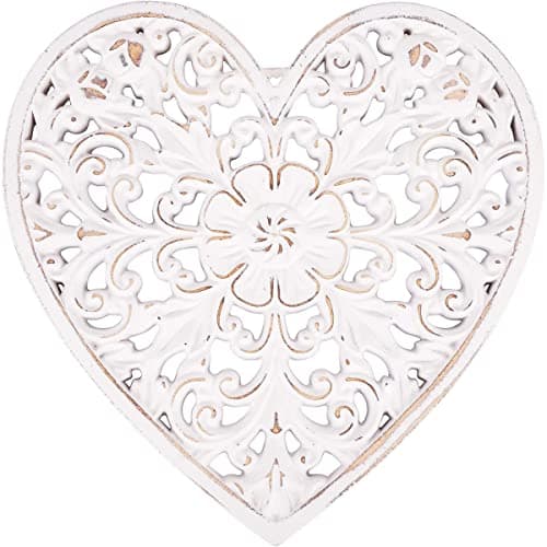 Image of Wooden Wall Decor, Unique Hollow Carved Decorative Wooden Wall Panels 30x30cm Rustic Floral-Patterned Distressed White, Wall Art Sculpture Ornament for Home Hallway Living Room Cafe Office (heart)