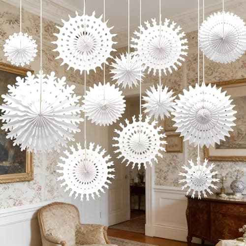 Image of Norhogo 16PCS Winter Christmas Snowflake Decorations Kit, Snowflakes Fans Hanging Ceiling Christmas Decor, Paper Snowflakes Hanging Decoration for Wedding, Party, Brithday Decorations