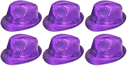 Image of 6 X Sequin Trilby Hat In Red, Black, Silver, Gold, Purple, Green Or Pink Fancy Dress Accessory Fedora Hats Bulk Gangster 1920'S Mens & Ladies (Purple)