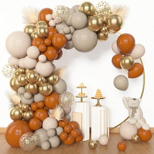 Image of BlueCloudy 153pcs Burnt Orange Balloon Garland Arch Kit, Different Sizes 18 12 10 5 inch White Sand Nude Latex Metallic Gold Confetti Fall Thanksgiving Balloons for Birthday Party Decorations