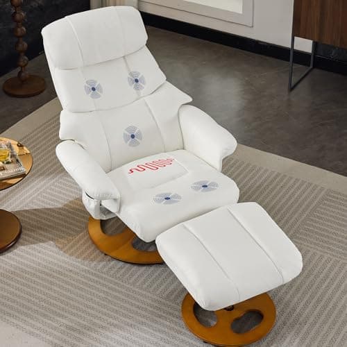 Image of DEKKETO Swivel Recliner Armchair With Footstool, High Back Reclining Chairs With Heat And Massage, Ergonomic Stressless Single Sofa Chair With Wooden Base for Living Room, Leather, White