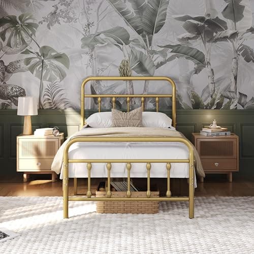 Image of Yaheetech 3ft Single Bed Frame Vintage Iron Platform Bed with High Headboard and Footboard, Strong Metal-Framed Bed with Storage Antique Gold