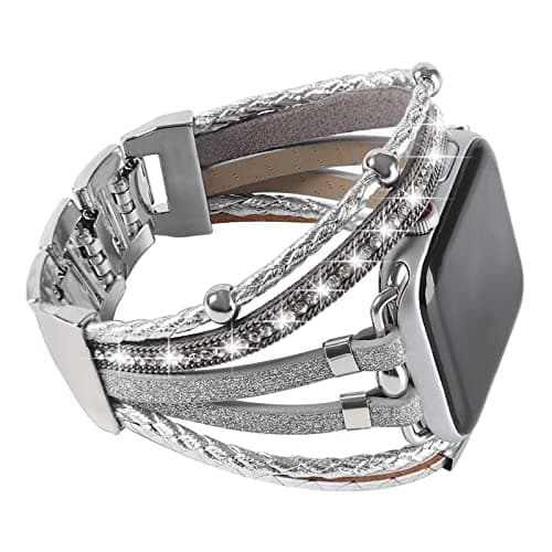 Image of WONMILLE Posh Leather Bands Compatible With Apple Watch 41mm 40mm 38mm Women, Boho Bracelets Jewelry Multilayer Wrap Strap for iwatch Series SE 8 7 6 5 4 3 2 1 (Glitter Silver, 38mm/40mm/41mm)