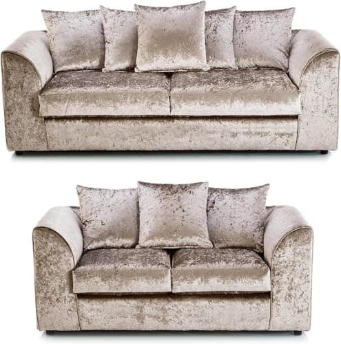 Image of Crushed Velvet Sofa - 3+2 Seaters with Scatter Back Cushions - Dylann 3 Seater Sofa Settee - 2 Seater Suite for Living Room Lounge Drawing Room & Office Indoors (Mink, 3+2 Seater)