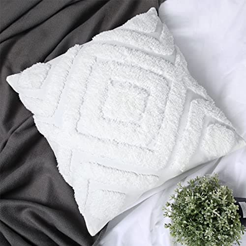 Image of Boho Cushion Covers White Cream 45x45Cm 18x18IN Diamond Bohemian Geo Textured Tufted Throw Pillow Cover Sofa Chair Cute Ivory Decorative Set of 2