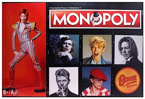 Image of Winning Moves David Bowie Monopoly Board Game, Advance to Heroes, Diamond Dogs, Aladdin Sane and Hunky Dory, build stages and stadiums and bankrupt your fellow Kooks, gift for players aged 8 plus