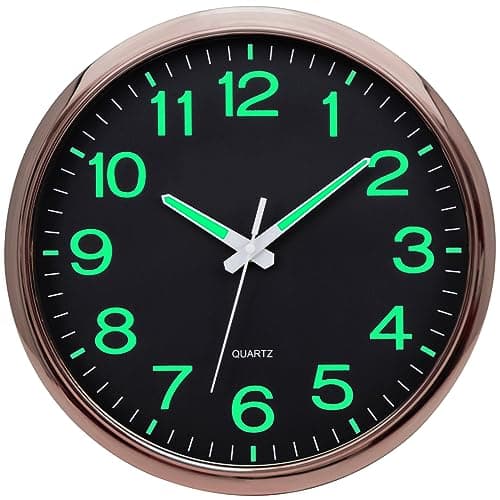 Image of Warminn Wall Clock - Glow In the Dark Clock Lumious Battery Operated Silent 30 cm Rose Gold Modern Clock for Kitchen Living Room Bedroom