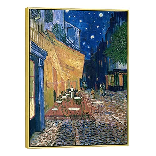 Image of Wieco Art Framed Giclee Canvas Print of Cafe Terrace at Night by Van Gogh - Abstract Wall Art for Home Decor - Golden Frame