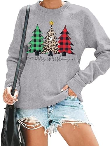 Image of hohololo Merry Christmas Sweatshirts Women Xmas Shirt Christmas Tree Graphics Long Sleeve Holiday Long Sleeve Pullover Top (Grey-e,S)
