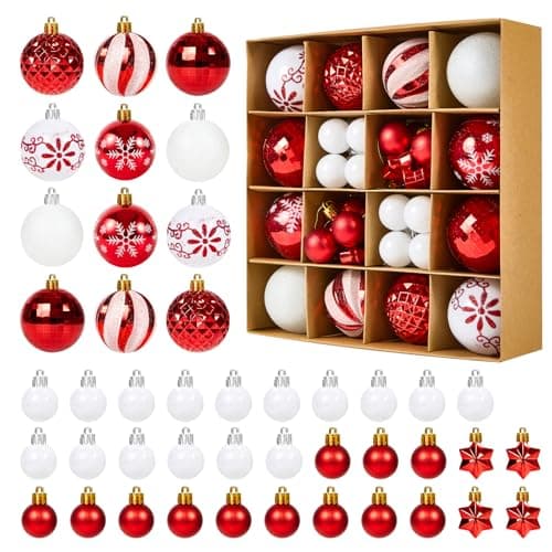 Image of Fuyuleyo 44Pcs Christmas Baubles, Red and White Christmas Tree Decorations Set, Shatterproof Xmas Balls Ornaments Tree Baubles for Hanging Xmas Decorations Festive Holiday Home Decor