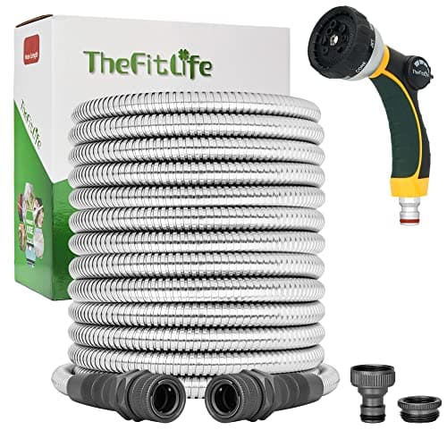 Image of TheFitLife Metal Garden Hose Pipe - Flexible Stainless Steel Water Hose with Solid Fittings and Sprayer Nozzle - Leak Proof Kink Free, Anti-Rust, Large Diameter, Durable and Easy Storage (15m)