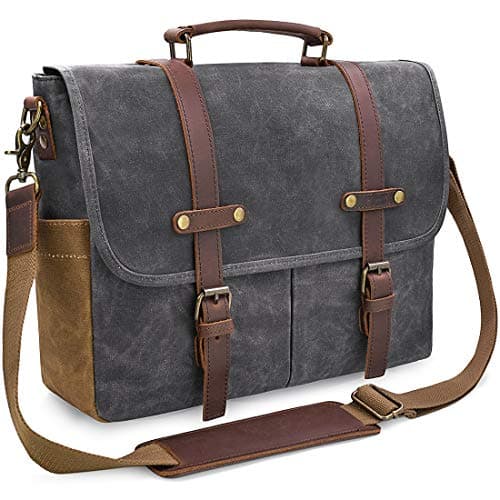 Image of NEWHEY Mens Laptop Shoulder Canvas Messenger Bag Waterproof Computer Briefcase Notebook Vintage Satchel Designer School Work Bags Grey 15.6 Leather
