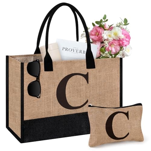 Image of Tecanne Initial Jute Tote Bag & Makeup Bag, Birthday Gifts for Women Her Mum Teacher, Suitable for Wedding, Beach, Holiday ©
