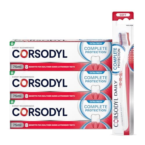 Image of Corsodyl Complete Protection Bundle: 3X Complete Protection Extra Fresh Toothpaste 75ml & 1X Corsodyl Soft Toothbrush