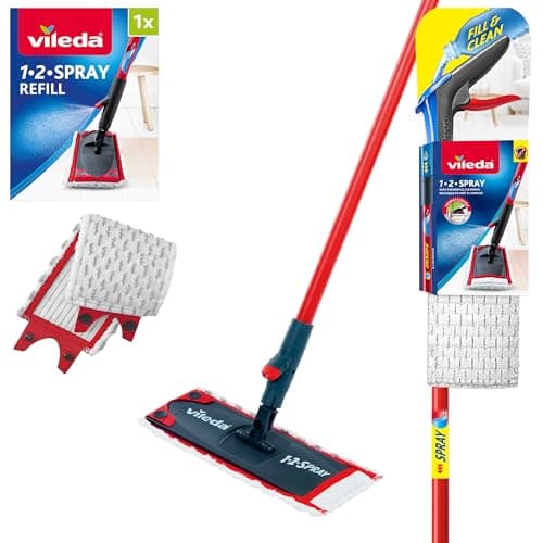 Image of Vileda 1-2 Spray Mop, Microfibre Flat Floor Spray Mop with Extra Head Replacement, Set of 1x Mop and 1x Refill