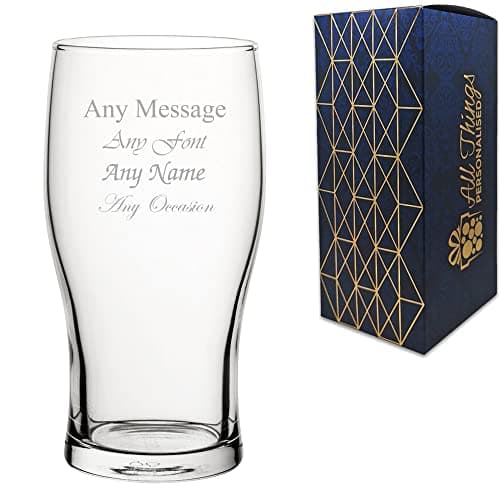 Image of Pasabahce Personalised Engraved Pint Glass, Personalise with Any Message for Any Occasion, Stylize with a Variety of Fonts, Gift Box Included, Laser Engraved, Toughened Tulip Pint Glass