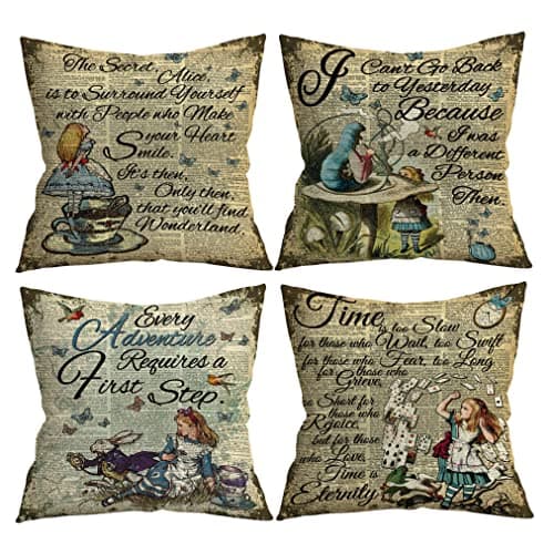 Image of 18x18 in Set of 4 Decorative Pillowcase Vintage Art Inspirational Quotes Alice in Wonderland Throw Pillow Cover Gifts for Girls Room Couch Sofa Decor, Alice in Wonderland Gifts, Daughter Gift