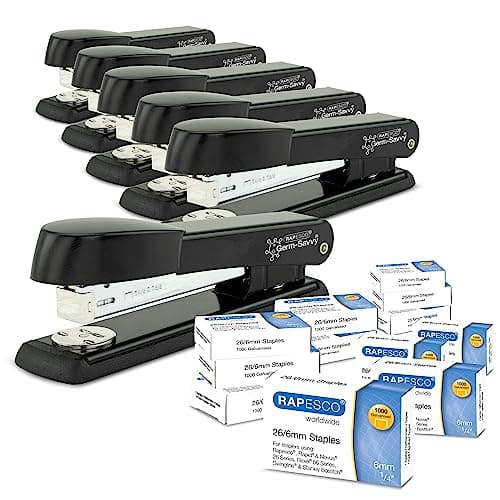 Image of Rapesco 1733 Business Pack: 6 Germ-Savvy Antibacterial Marlin Staplers, 25 Sheet Capacity, and 12 Boxes of 1000 26/6 mm Staples, Black