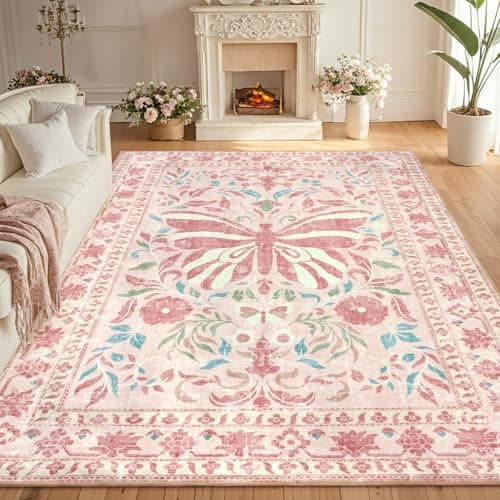 Image of TUKDAK Butterfly Pink Rugs Living Room 200x290cm, Non-Slip Washable Area Rugs for Bedroom, Soft Low Pile Carpet for Living Room, Floor Carpet for Office Dining Room Kitchen Nursery Bedside