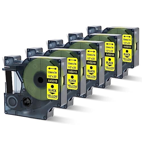 Image of Oozmas A45018 Compatible with Dymo D1 Label Tape Black on Yellow 12mm Replacement for Dymo 45018 12mm x 7m, Compatible with LabelManager 160 210D 360D 420P 450D 500TS, 5-Pack