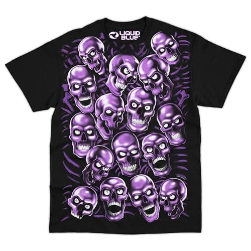 Image of Liquid Blue Skull Pile Graphic T-Shirt for Men – Iconic Skull Art Cotton Tee, Short Sleeve Streetwear, Purple/Black, 3XL