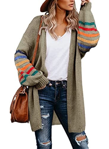Image of AlvaQ Women's Cardigans Long Sleeve Open Front Rainbow Striped Color Block Loose Casual Womens Oversized Cardigan Ladies Long Lightweight Knit Outwear Coat Jacket Sweaters Khaki L UK 14 16