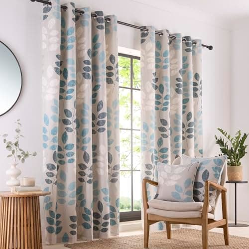 Image of Portfolio Home Springfield Leaf Teal 66" Width x 54" Drop (168 x 137cm) Fully Lined Eyelet Curtain Set 2 Panels