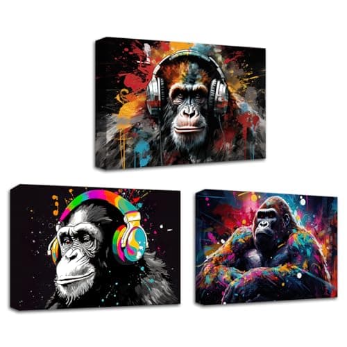 Image of CXHOSTENT Cool Monkey Wall Art 3 Piece Graffiti Chimp Gorilla Canvas Prints Monkey With Headphones Wall Decor Abstract Animal Picture Boys Room Decor (Animal-4, 30.00 x 40.00 cms x 3PCS)
