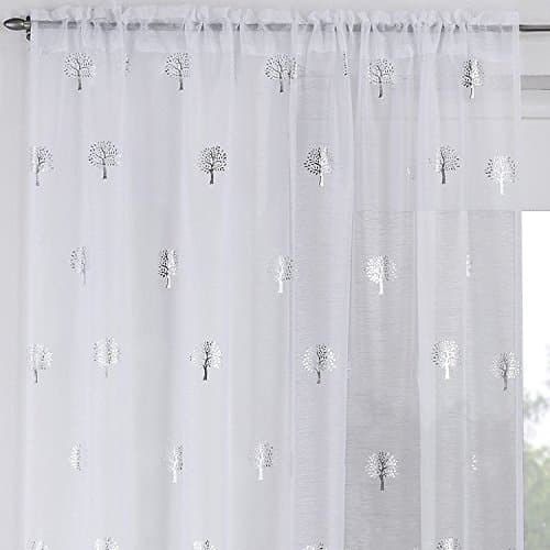 Image of Maple Textiles Stunning Metallic Silver Print Tree Design Sheer Voile Curtain Panel Slot Top Rod Pocket Heading (White Silver, 48" 122 cm)