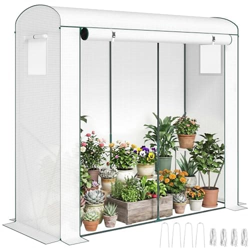 Image of Outsunny Mini Greenhouse, Garden Tomato Growhouse with Roll-Up Door and 2 Mesh Windows, Portable Indoor Outdoor Green House with PE Cover for Garden Patio, 200 x 75 x 188 cm, White