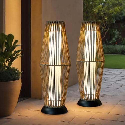 Image of TRIROCKS Outdoor Solar Floor Lamp 2 Pcs Solar Powered Lantern Wicker Solar Lamp with Olifen Rope Waterproof Rattan Outside Solar LED Deck Light for Porch Yard Pathway Terrace Garden Lawn Patio (Grey)