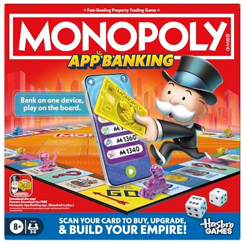 Image of Monopoly App Banking Board Game with Digital Banking Cards, Free App Integration & AR Mini-Games, No Cash Fast-Play Monopoly with Device Stand & 6 Tokens, Ages 8+, Perfect Fun for Families
