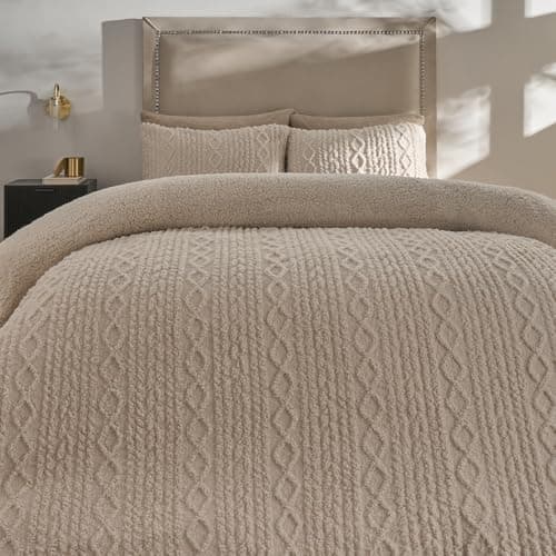 Image of OHS King Size Fleece Duvet Cover Set, Autumn Winter King Size Bedding Set Ultra Soft Warm Cosy Cable Knit Fleece Sherpa Reversible Duvet Cover with Pillowcases, Natural