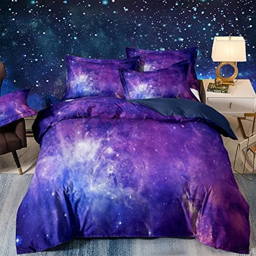 Image of DJY 3D Galaxy Duvet Cover Sky Universe Star Bedding Set Double Size Soft Microfiber Purple Duvet Set 3D Bedding with Zipper Closure for Kids Teens Adults (3PCs 200x200cm)