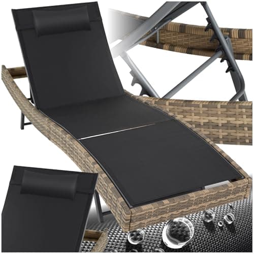 Image of tectake® Modern Sun Lounger with 6-Position Backrest, Breathable Mesh Fabric, UV-Resistant Polyrattan, Sturdy Steel Frame, Head Cushion & Non-Slip Feet - Pool, Beach & Garden Chair - Nature