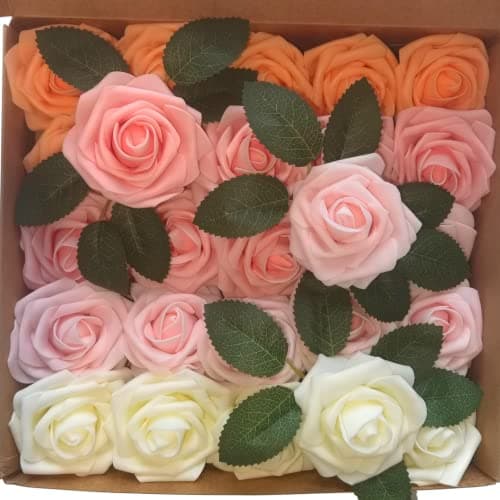 Image of LUSSO LIA 25 pcs Decorative Artificial Flower Foam Roses with Bendable Stems for Wedding Bouquet, Anniversary, Valentine's Day, Table and Home Decoration, DIY, and Arts and Crafts (Peach)