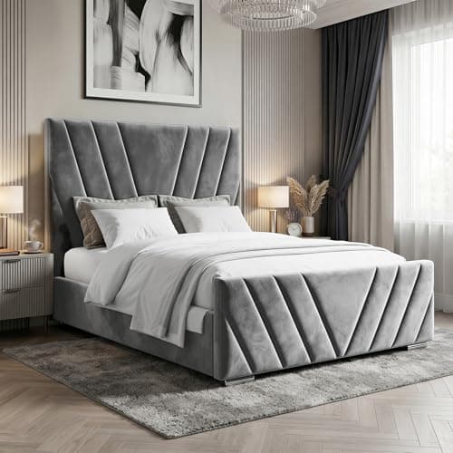 Image of Blisswood V-Design King Ottoman Bed, Velvet Upholstered Bed Frame with High Padded Headboard & Footboard, Gas-Lift Ottoman Storage & Wooden Slats, Heavy-Duty Metal Frame, Bedroom Furniture_Dark Grey