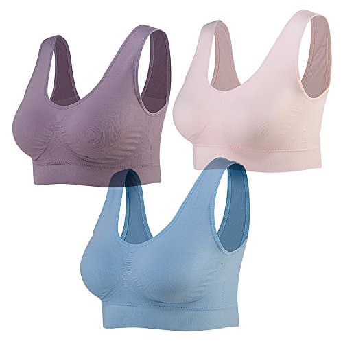 Image of Lemef 3-Pack Seamless Sports Bra Wirefree Yoga Bra with Removable Pads for Women, Pink&blue&purple, M