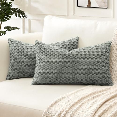 Image of Artscope Pom Poms Decorative Corduroy Cushion Covers 30x50cm Super Soft Boho Striped Lumbar Pillow Covers Case Geometric for Sofa Couch Bedroom Car Decor Set of 2, Gray