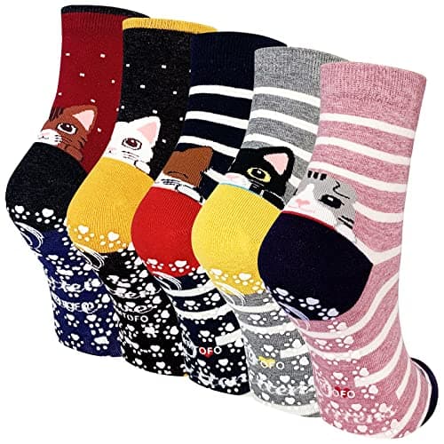 Image of PUTUO Non Slip Socks for Women: Cat Socks Ladies Funny Animal Funky Cotton Sock With Grip - Novelty Cute Christmas Gifts for Kitten Lover 5 Pairs Size 4-9