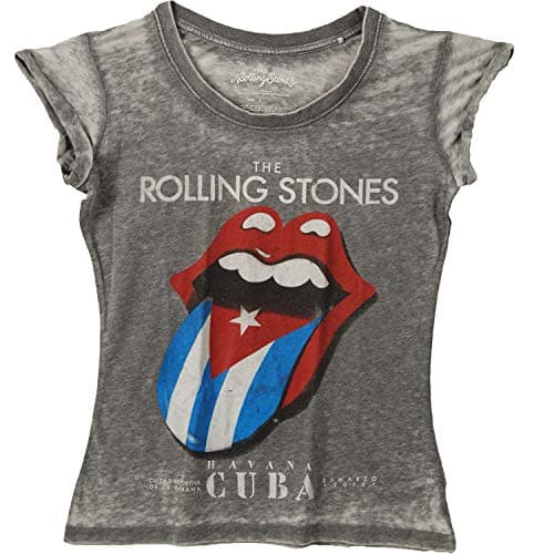 Image of The Rolling Stones Women's Havana Cuba T-shirt Burnout Charcoal, Grey, Skinny Fit Medium (UK 10 - 12)