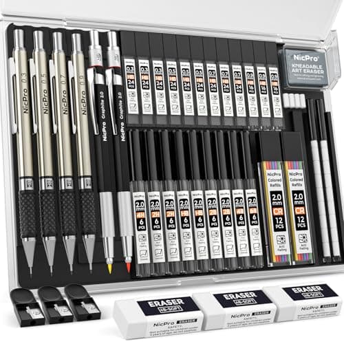Image of Nicpro 37PCS Art Mechanical Pencil Set, 4 PCS Metal Drafting Pencil 0.3mm & 0.5 mm & 0.7 mm & 0.9 mm & 2 PCS 2mm Lead Holder (6B 4B 2B HB 2H 4H) For Sketching Drawing With 20 Tube Lead Refills Case