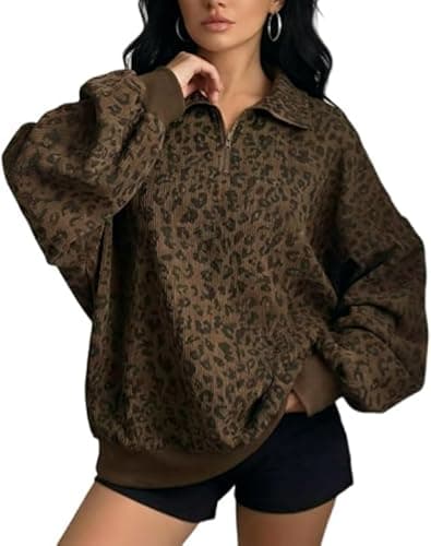 Image of Women Cheetah Sweatshirt Quarter Zip Pullover Top, Leopard Sweatshirt, Long Sleeve Oversized Pullover (UK, Alpha, M, Regular, Regular) Brown