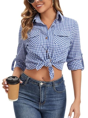 Image of Yukiuiny Women's Flannel Plaid Shirt,Long Sleeve 100% Cotton Blouse,Button Down Casual Check Shirts Basic Tops-Small Plaid Blue White(90% Cotton, 10% Linen)/S