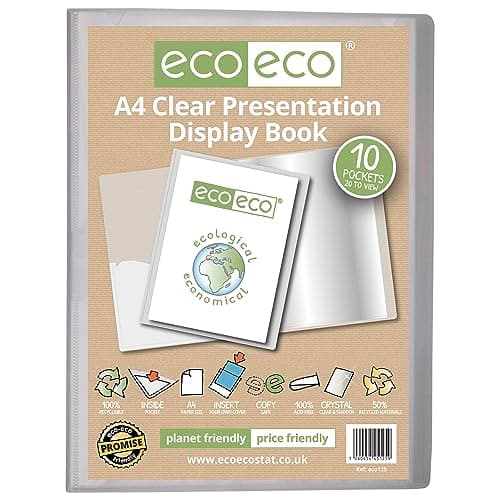 Image of eco-eco A4 Size 50 Percent Recycled 10 Pocket Clear Presentation Display Book, Storage Case Portfolio Art Folder with Plastic Sleeves, eco125