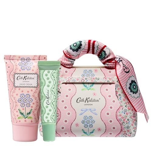 Image of Cath Kidston Hand Cream 50ml, Lip Balm 10ml and Mini Handbag, Moisturiser, Shea Butter, Vitamin E, Bag For Beauty Essentials, Vegan and Cruelty Friendly, Gift For Her, Self-Care