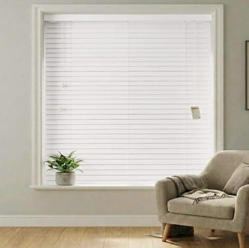 Image of REHAN & CO Made to Measure White Faux Wood wooden Grain Venetian Blinds/Blind with Strings- Home Office Window Blinds - 50mm Slats 45W x 213H cm