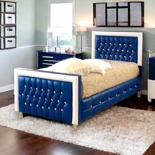 Image of AuGold Beds Small Single Bed Frame Blue Single Beds 3ft in Plush Velvet - Stylish Upholstered Bed Frame with Headboard and Footboard Single Wooden Bed Frames - Blue Color Leather Fabric