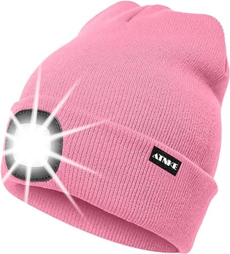 Image of ATNKE LED Lighted Beanie Cap,USB Rechargeable Running Hat Ultra Bright 4 LED Waterproof Light Winter Warm Gifts for Men and Women/Pink
