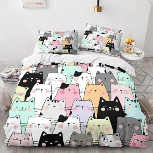 Image of Tabeskly Kids Girls Cartoon Cat Cute Soft Zipper Bed Bedding Duvet Cover Set Single Multicolor 135×200cm